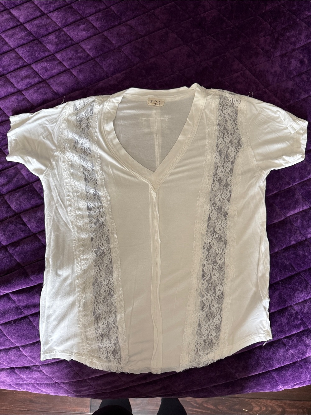 POL White V-Neck Lace-Trim Short Sleeve Top